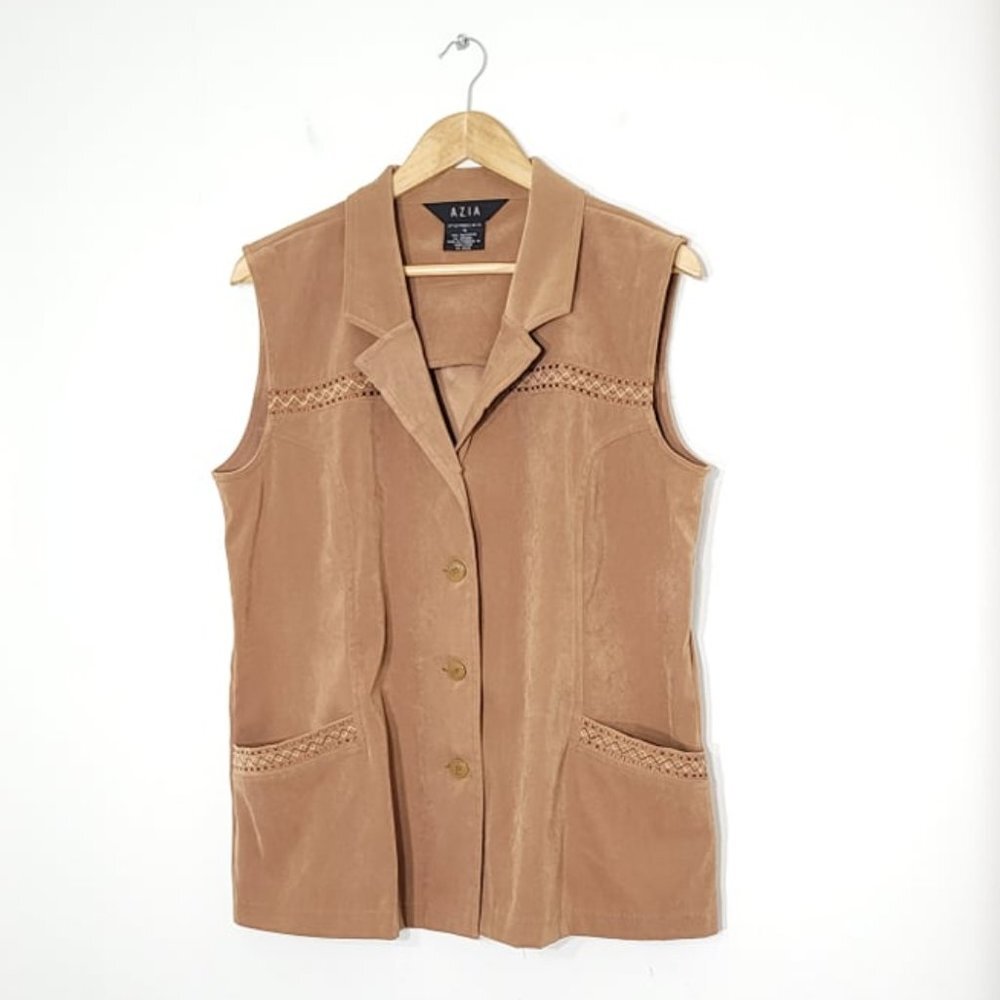 Azia Tan Sleeveless Button-Down Casual Geometric Pattern Pocket Vest Sz15